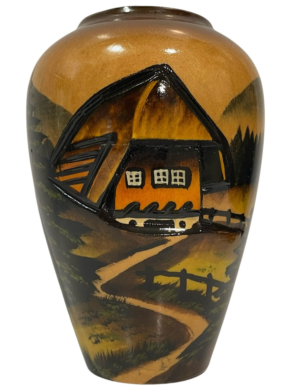 Vintage 1970s Handarbeit German Black Forest - Hand Painted Wood Vase 3D Carved